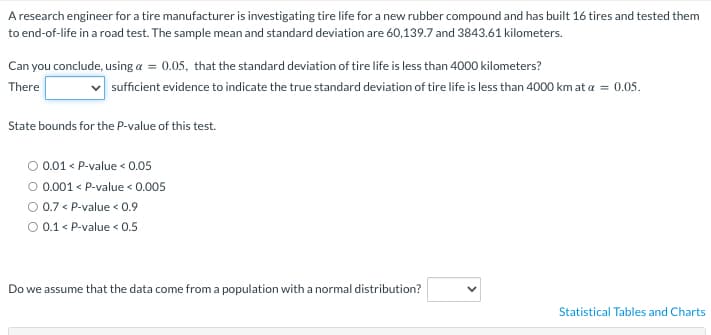 A research engineer for a tire manufacturer is investigating tire life for a new rubber compound and has built 16 tires and tested them
to end-of-life in a road test. The sample mean and standard deviation are 60,139.7 and 3843.61 kilometers.
Can you conclude, using a = 0.05, that the standard deviation of tire life is less than 4000 kilometers?
There
sufficient evidence to indicate the true standard deviation of tire life is less than 4000 km at a = 0.05.
State bounds for the P-value of this test.
O 0.01 < P-value < 0.05
O 0.001 < P-value < 0.005
O 0.7 < P-value < 0.9
O 0.1 < P-value < 0.5
Do we assume that the data come from a population with a normal distribution?
Statistical Tables and Charts
