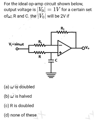For the ideal op-amp circuit shown below,
output voltage is |Vo] = 1V for a certain set
ofw, R and C. the Vo| will be 2V if
www
V;=sinwt
oV.
R
(a) w is doubled
(b) w is halved
(c) R is doubled
(d) none of these
