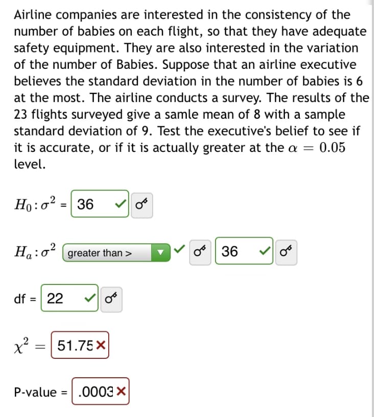 Airline companies are interested in the consistency of the
number of babies on each flight, so that they have adequate
safety equipment. They are also interested in the variation
of the number of Babies. Suppose that an airline executive
believes the standard deviation in the number of babies is 6
at the most. The airline conducts a survey. The results of the
23 flights surveyed give a samle mean of 8 with a sample
standard deviation of 9. Test the executive's belief to see if
it is accurate, or if it is actually greater at the a = 0.05
level.
Họ:o?
36
Ha:o² (greater than >
36
df =| 22
51.75X
P-value =|.0003×
