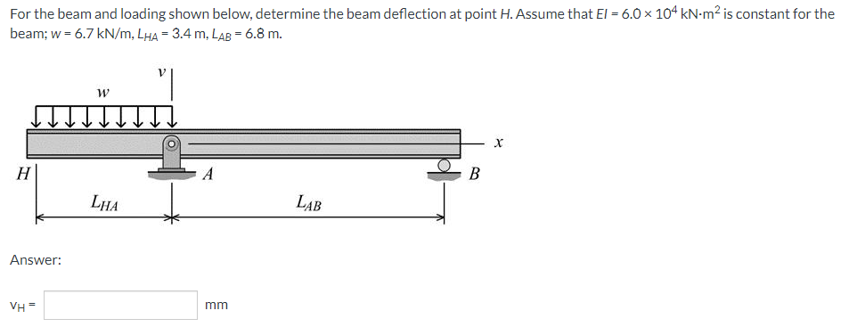 For the beam and loading shown below, determine the beam deflection at point H. Assume that El = 6.0 x 104 kN-m² is constant for the
beam; w = 6.7 kN/m, LHA = 3.4 m, LAB = 6.8 m.
H
А
В
LHA
LAB
Answer:
VH =
mm
