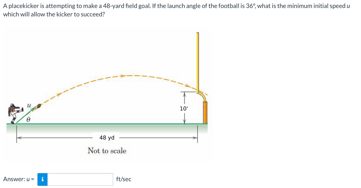A placekicker is attempting to make a 48-yard field goal. If the launch angle of the football is 36°, what is the minimum initial speed u
which will allow the kicker to succeed?
u
Ө
Answer: u =
48 yd
Not to scale
ft/sec
10'