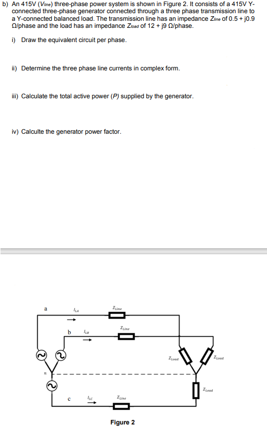 b) An 415V (Vine) three-phase power system is shown in Figure 2. It consists of a 415V Y-
connected three-phase generator connected through a three phase transmission line to
a Y-connected balanced load. The transmission line has an impedance Zline of 0.5 + j0.9
Q/phase and the load has an impedance Zload of 12 + j9 22/phase.
i) Draw the equivalent circuit per phase.
ii) Determine the three phase line currents in complex form.
iii) Calculate the total active power (P) supplied by the generator.
iv) Calculte the generator power factor.
a
ILA
b IL
C
lu
Zune
Zune
Zune
Figure 2
ZLood
Zload
Zload