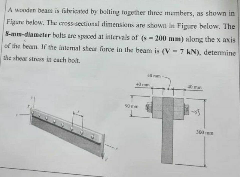 A wooden beam is fabricated by bolting together three members, as shown in
Figure below. The cross-sectional dimensions are shown in Figure below. The
8-mm-diameter bolts are spaced at intervals of (s = 200 mm) along the x axis
of the beam. If the internal shear force in the beam is (V = 7 kN), determine
the shear stress in each bolt.
40 mm
40 mm
90 mm
T
40 mm
300 mm