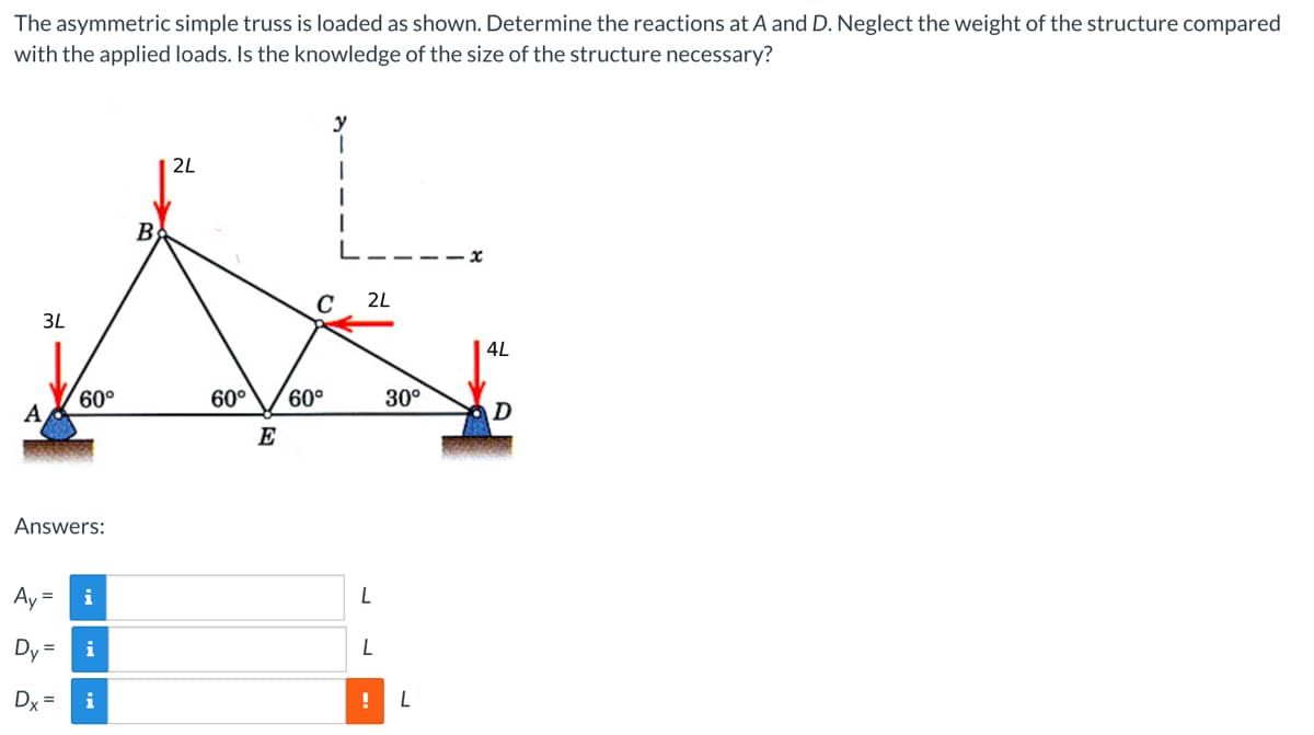 The asymmetric simple truss is loaded as shown. Determine the reactions at A and D. Neglect the weight of the structure compared
with the applied loads. Is the knowledge of the size of the structure necessary?
2L
1
4L
3L
60°
Answers:
Ay
i
Dv
=
i
Dx=
i
=
B
60° 60°
E
2L
L
30⁰
L
! L
D