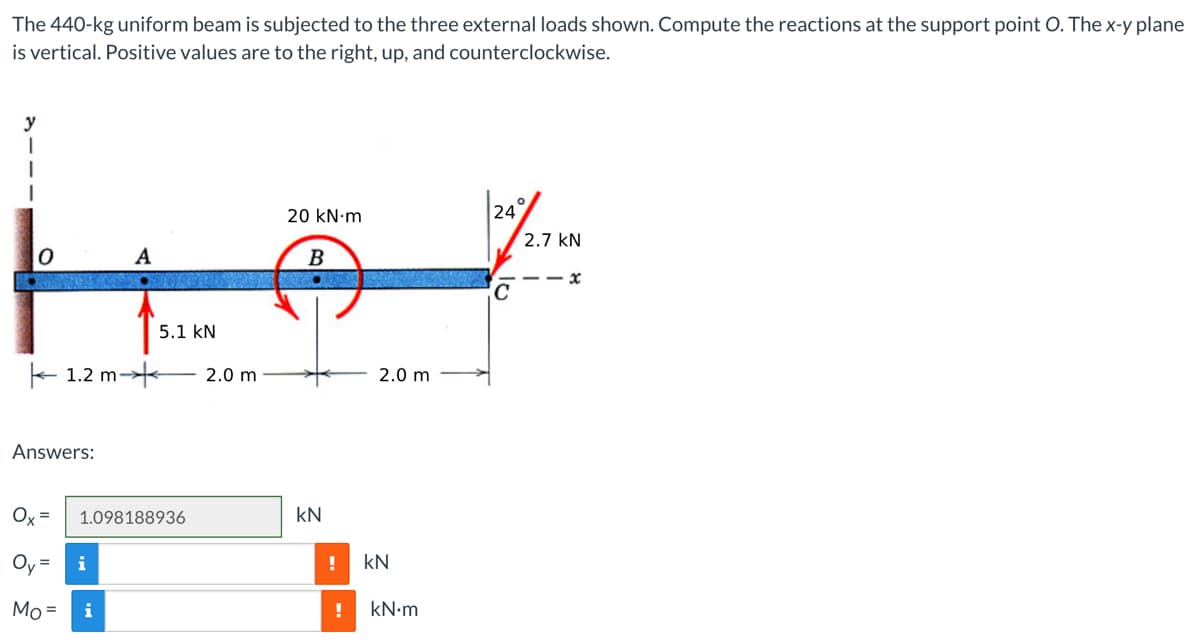 The
440-kg uniform beam is subjected to the three external loads shown. Compute the reactions at the support point O. The x-y plane
is vertical. Positive values are to the right, up, and counterclockwise.
y
1
20 kN.m
24
2.7 KN
A
x
0
1.2 m
Answers:
Mo =
1.098188936
i
i
B
GARDERO
5.1 KN
2.0 m
kN
!
!
2.0 m
KN
kN.m
C