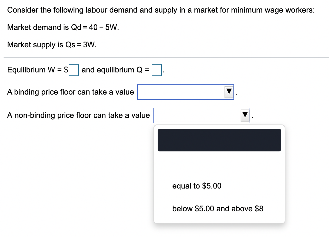 Consider the following labour demand and supply in a market for minimum wage workers:
Market demand is Qd = 40 - 5W.
Market supply is Qs = 3W.
Equilibrium W = $
and equilibrium Q =
A binding price floor can take a value
A non-binding price floor can take a value
equal to $5.00
below $5.00 and above $8
