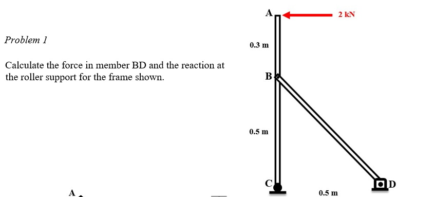 2 kN
Problem 1
0.3 m
Calculate the force in member BD and the reaction at
the roller support for the frame shown.
В
0.5 m
C
OD
A
0.5 m
