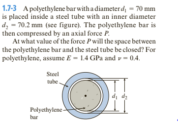 1.7-3 A polyethylene bar with a diameterd = 70 mm
is placed inside a steel tube with an inner diameter
d, = 70.2 mm (see figure). The polyethylene bar is
then compressed by an axial force P.
At what value of the force P will the space between
the polyethylene bar and the steel tube be closed? For
polyethylene, assume E = 1.4 GPa and v = 0.4.
Steel
tube
d, d2
Polyethylene-
bar
