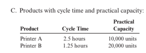 C. Products with cycle time and practical capacity:
Practical
Product
Cycle Time
Сараcity
10,000 units
20,000 units
Printer A
2.5 hours
Printer B
1.25 hours
