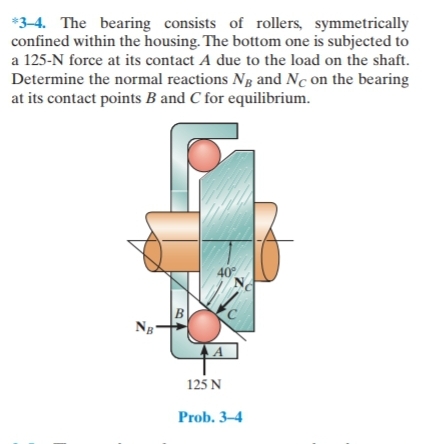 *3-4. The bearing consists of rollers, symmetrically
confined within the housing. The bottom one is subjected to
a 125-N force at its contact A due to the load on the shaft.
Determine the normal reactions NB and Nc on the bearing
at its contact points B and C for equilibrium.
40
B
Ng-
125 N
Prob. 3-4
