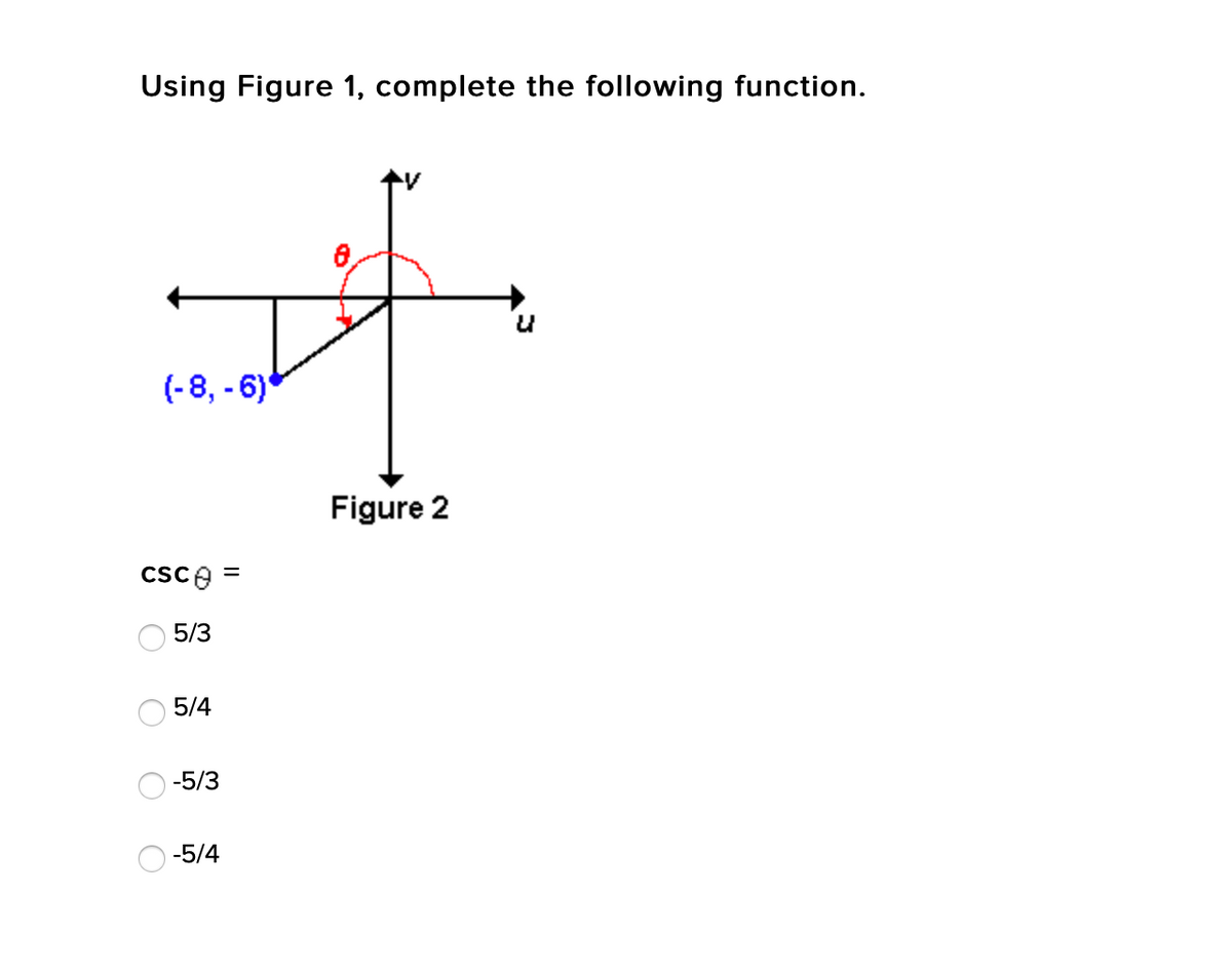 Using Figure 1, complete the following function.
(-8, - 6)
Figure 2
csce =
O 5/3
5/4
-5/3
-5/4
