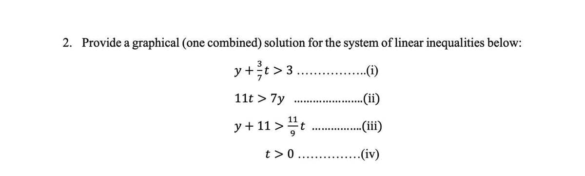 2. Provide a graphical (one combined) solution for the system of linear inequalities below:
3
y + t > 3
7
11t > 7y
..(i)
.(ii)
y + 11 > 11t
..(iii)
9
t> 0 .………………………………...(iv)