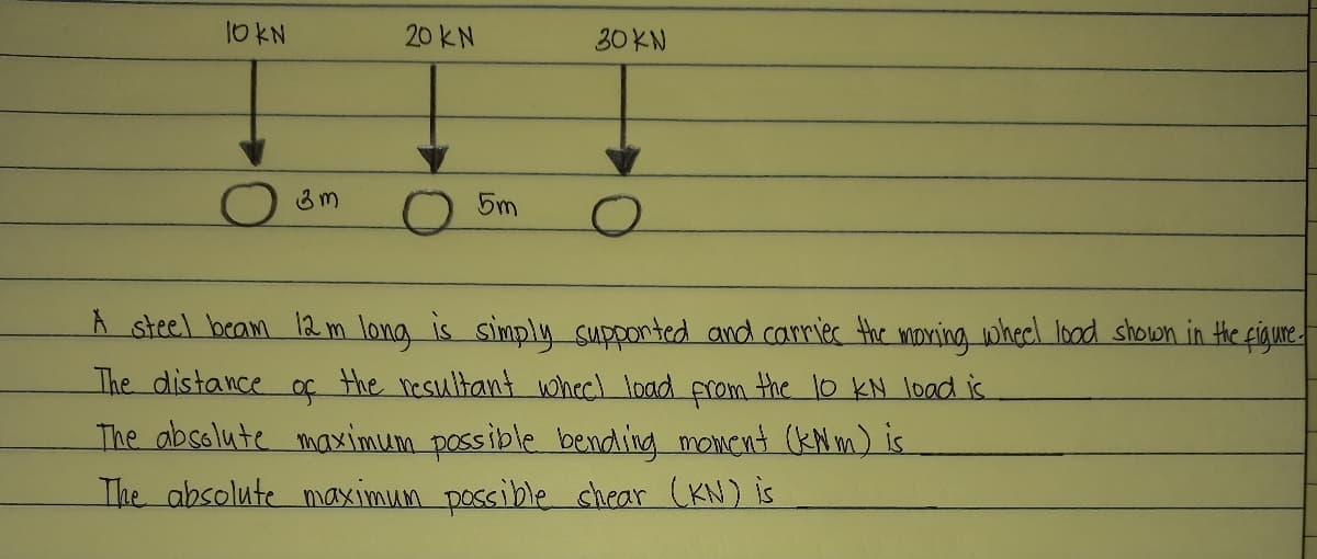 10KN
20 KN
30 KN
O 3m
A steel beam 12 m long is simply Supponted and carries Hhe moning wheel lood shown in Hhe figure
The distance oç the nesultant whecl load prom the 10 kN load is
The absolute maximum possible bending moment (kNm) is
The absolute maximun possible shear (KN) is

