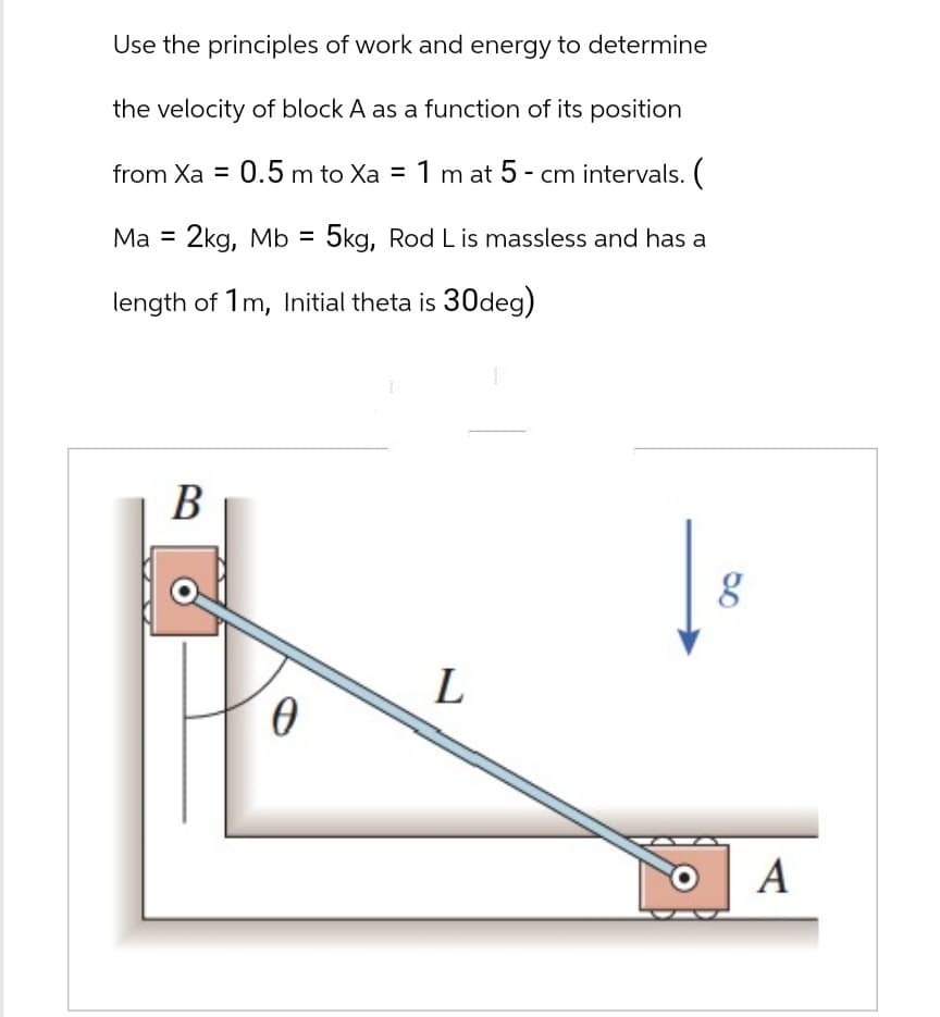 Use the principles of work and energy to determine
the velocity of block A as a function of its position
from Xa = 0.5 m to Xa = 1 m at 5 - cm intervals. (
Ma = 2kg, Mb = 5kg, Rod L is massless and has a
length of 1m, Initial theta is 30deg)
B
0
L
g
O A