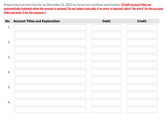 Prepare journal entry (ies) for on December 31, 2021 to record any resultant amortization. (Credit account titles are
automatically indented when the amount is entered. Do not indent manually. If no entry is required, select "No entry" for the account
titles and enter O for the amounts.)
No. Account Titles and Explanation
Debit
Credit
1.
2.
4.
6.
3.
5.
