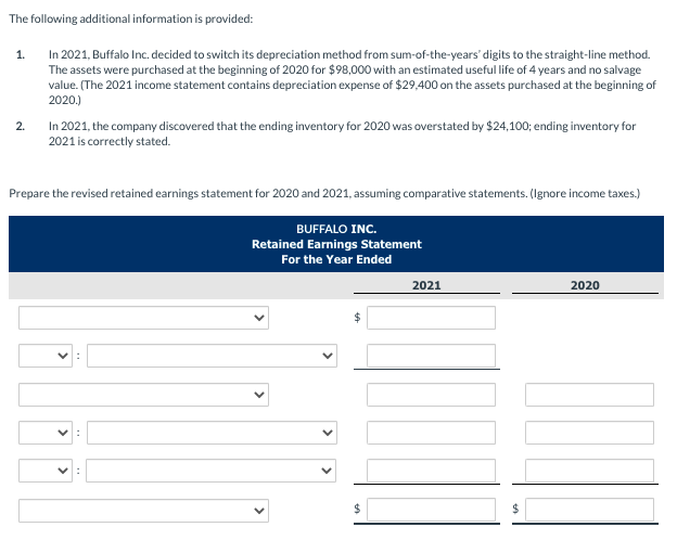 The following additional information is provided:
1.
In 2021, Buffalo Inc. decided to switch its depreciation method from sum-of-the-years' digits to the straight-line method.
The assets were purchased at the beginning of 2020 for $98,000 with an estimated useful life of 4 years and no salvage
value. (The 2021 income statement contains depreciation expense of $29,400 on the assets purchased at the beginning of
2020.)
In 2021, the company discovered that the ending inventory for 2020 was overstated by $24,100; ending inventory for
2021 is correctly stated.
2.
Prepare the revised retained earnings statement for 2020 and 2021, assuming comparative statements. (Ignore income taxes.)
BUFFALO INC.
Retained Earnings Statement
For the Year Ended
2021
2020
24
>
