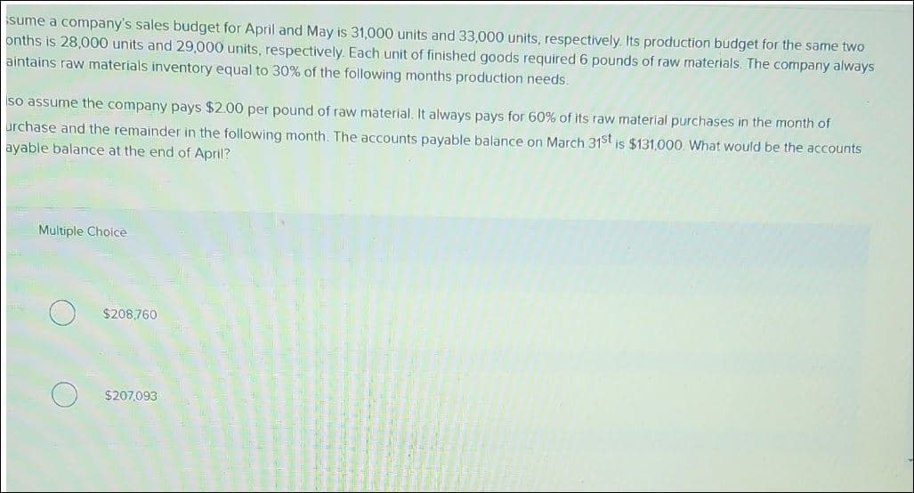 sume a company's sales budget for April and May is 31,000 units and 33,000 units, respectively. Its production budget for the same two
onths is 28,000 units and 29,000 units, respectively. Each unit of finished goods required 6 pounds of raw materials. The company always
aintains raw materials inventory equal to 30% of the following months production needs.
so assume the company pays $2.00 per pound of raw material. It always pays for 60% of its raw material purchases in the month of
urchase and the remainder in the following month. The accounts payable balance on March 31st is $131,000. What would be the accounts
ayable balance at the end of April?
Multiple Choice
$208,760
$207,093