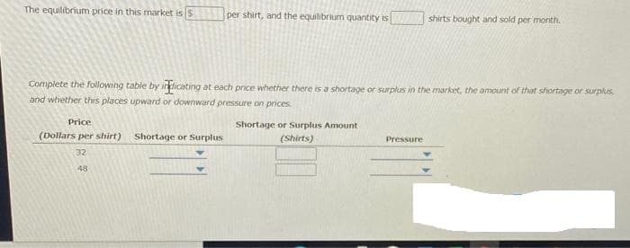 The equilibrium price in this market is S
per shirt, and the equilibrium quantity is
Price
(Dollars per shirt) Shortage or Surplus
32
48
Complete the following table by indicating at each price whether there is a shortage or surplus in the market, the amount of that shortage or surplus,
and whether this places upward or downward pressure on prices.
Shortage or Surplus Amount
(Shirts)
shirts bought and sold per month.
Pressure