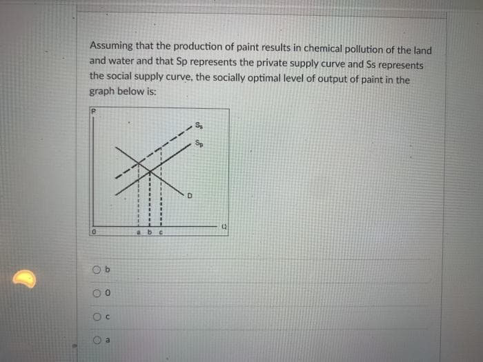 Assuming that the production of paint results in chemical pollution of the land
and water and that Sp represents the private supply curve and Ss represents
the social supply curve, the socially optimal level of output of paint in the
graph below is:
0
Ob
Ⓡ
0
O c
a
a b c
D
&
(2)