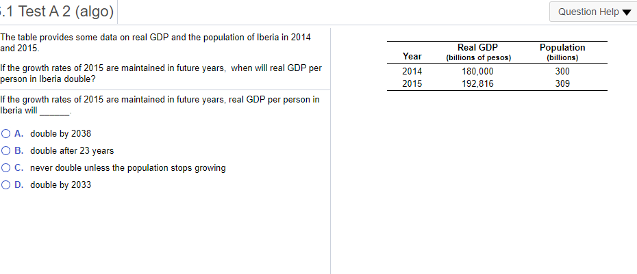 1 Test A 2 (algo)
Question Help
The table provides some data on real GDP and the population of Iberia in 2014
and 2015.
Real GDP
Population
(billions)
Year
(billions of pesos)
If the growth rates of 2015 are maintained in future years, when will real GDP per
person in Iberia double?
2014
180,000
300
2015
192,816
309
If the growth rates of 2015 are maintained in future years, real GDP per person in
Iberia will
O A. double by 2038
O B. double after 23 years
OC. never double unless the population stops growing
O D. double by 2033
