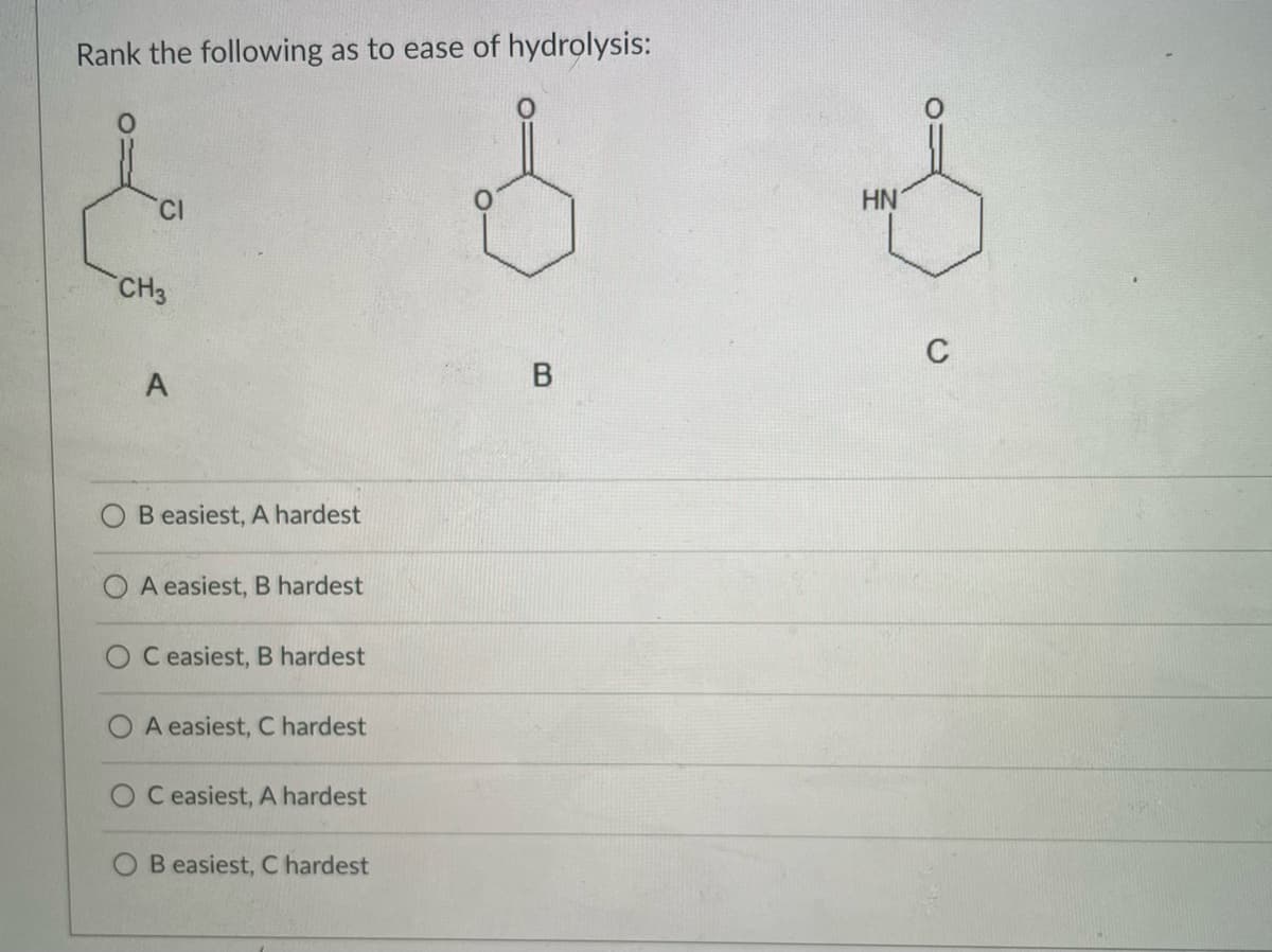 Rank the following as to ease of hydrolysis:
CI
HN
CH3
A
В
B easiest, A hardest
A easiest, B hardest
C easiest, B hardest
A easiest, C hardest
C easiest, A hardest
B easiest, C hardest

