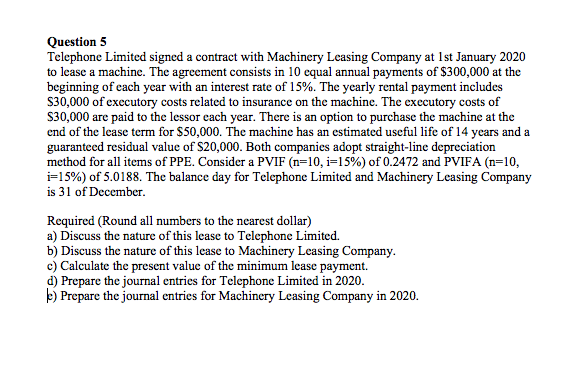 Question 5
Telephone Limited signed a contract with Machinery Leasing Company at 1st January 2020
to lease a machine. The agreement consists in 10 equal annual payments of $300,000 at the
beginning of each ycar with an interest rate of 15%. The yearly rental payment includes
S30,000 of executory costs related to insurance on the machine. The executory costs of
S30,000 are paid to the lessor each year. There is an option to purchase the machine at the
end of the lease term for $50,000. The machine has an estimated useful life of 14 years and a
guaranteed residual value of $20,000. Both companies adopt straight-line depreciation
method for all items of PPE. Consider a PVIF (n=10, i=15%) of 0.2472 and PVIFA (n=10,
i=15%) of 5.0188. The balance day for Telephone Limited and Machinery Leasing Company
is 31 of December.
Required (Round all numbers to the nearest dollar)
a) Discuss the nature of this lease to Telephone Limited.
b) Discuss the nature of this lease to Machinery Leasing Company.
c) Calculate the present value of the minimum lease payment.
d) Prepare the journal entries for Telephone Limited in 2020.
k) Prepare the journal entries for Machinery Leasing Company in 2020.
