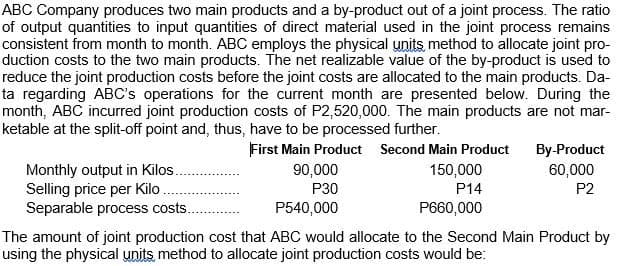 ABC Company produces two main products and a by-product out of a joint process. The ratio
of output quantities to input quantities of direct material used in the joint process remains
consistent from month to month. ABC employs the physical units method to allocate joint pro-
duction costs to the two main products. The net realizable value of the by-product is used to
reduce the joint production costs before the joint costs are allocated to the main products. Da-
ta regarding ABC's operations for the current month are presented below. During the
month, ABC incurred joint production costs of P2,520,000. The main products are not mar-
ketable at the split-off point and, thus, have to be processed further.
First Main Product Second Main Product
Monthly output in Kilos..
Selling price per Kilo..
Separable process costs.
By-Product
60,000
P2
90,000
P30
150,000
P14
P540,000
P660,000
The amount of joint production cost that ABC would allocate to the Second Main Product by
using the physical units, method to allocate joint production costs would be:
