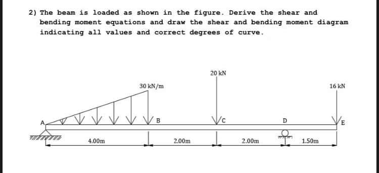 2) The beam is loaded as shown in the figure. Derive the shear and
bending moment equations and draw the shear and bending moment diagram
indicating al1 values and correct degrees of curve.
20 kN
30 kN/m
16 kN
D
4.00m
2.00m
2.00m
1.50m
