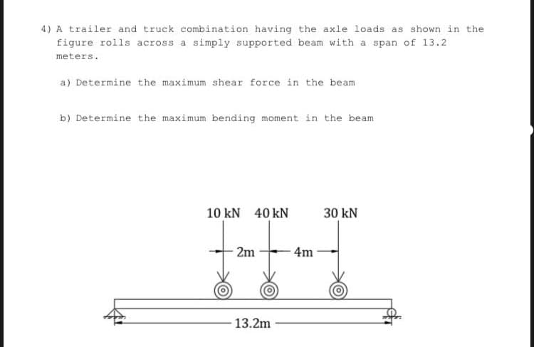 4) A trailer and truck combination having the axle loads as shown in the
figure rolls across a simply supported beam with a span of 13.2
meters.
a) Determine the maximum shear force in the beam
b) Determine the maximum bending moment in the beam
10 kN 40 kN
30 kN
2m
4m
13.2m

