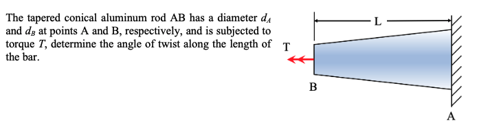 The tapered conical aluminum rod AB has a diameter d,
and dg at points A and B, respectively, and is subjected to
torque T, determine the angle of twist along the length of
the bar.
T
B
A
