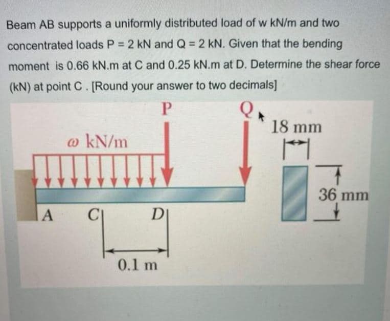 Beam AB supports a uniformly distributed load of w kN/m and two
concentrated loads P 2 kN and Q = 2 kN. Given that the bending
moment is 0.66 kN.m at C and 0.25 kN.m at D. Determine the shear force
(kN) at point C. [Round your answer to two decimals]
18 mm
@ kN/m
36 mm
DI
0.1 m
