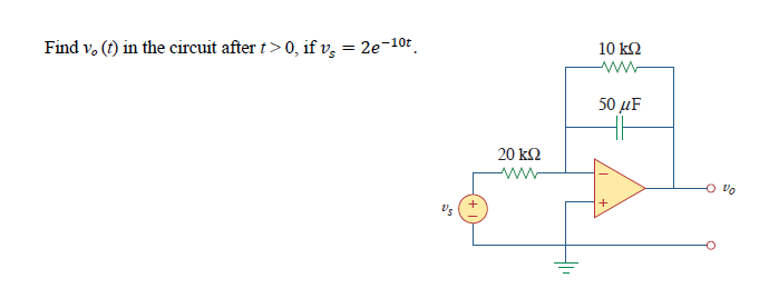 Find v. (f) in the circuit after t > 0, if vg = 2e-10t
20 ΚΩ
www.
10 ΚΩ
www
50 με
να