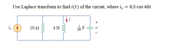 is
Use Laplace transform to find i(t) of the circuit, where is = 0.5 cos 40t
1092
www
4 H
ell
¡F