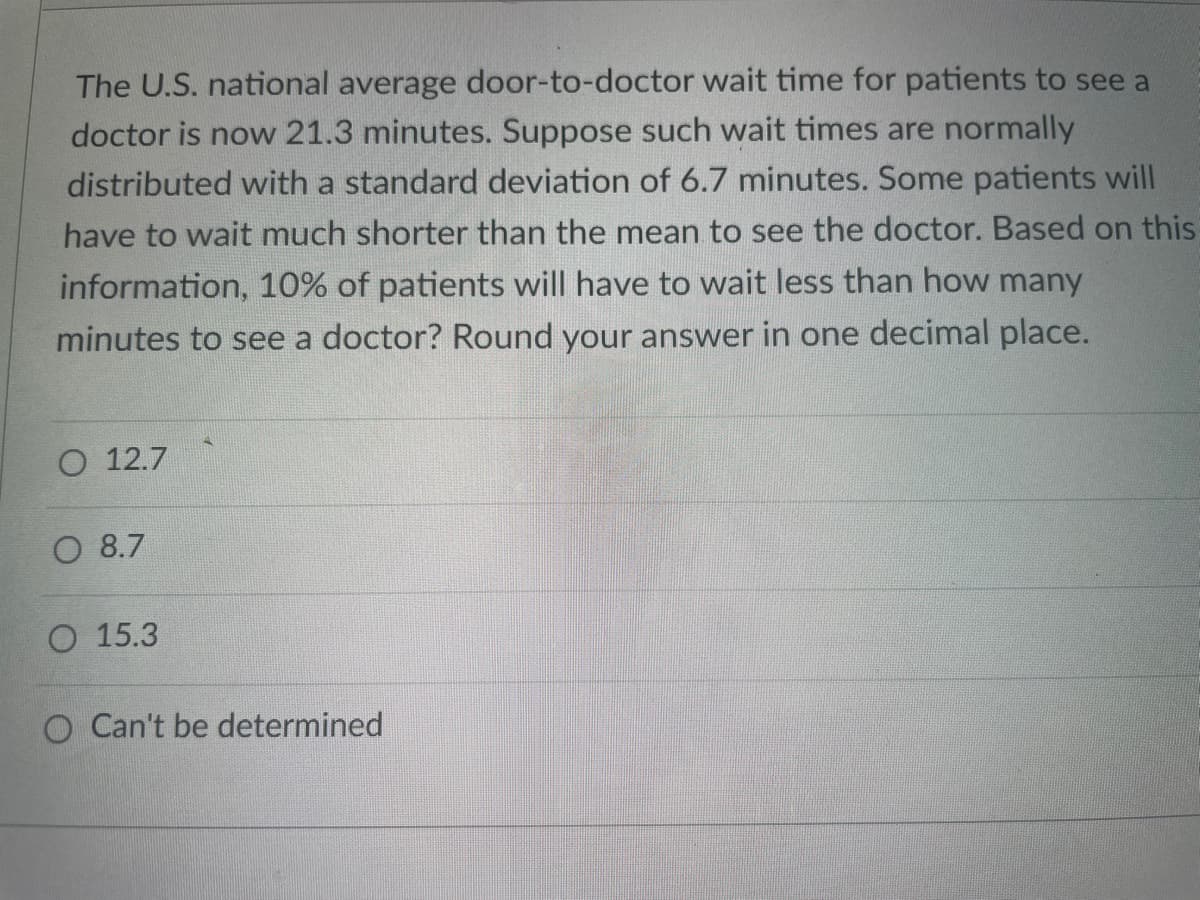 The U.S. national average door-to-doctor wait time for patients to see a
doctor is now 21.3 minutes. Suppose such wait times are normally
distributed with a standard deviation of 6.7 minutes. Some patients will
have to wait much shorter than the mean to see the doctor. Based on this
information, 10% of patients will have to wait less than how many
minutes to see a doctor? Round your answer in one decimal place.
O 12.7
O 8.7
O 15.3
O Can't be determined