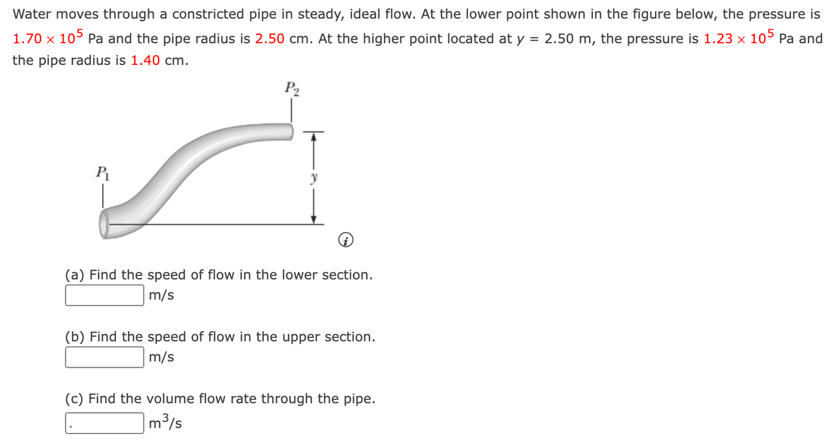 Water moves through a constricted pipe in steady, ideal flow. At the lower point shown in the figure below, the pressure is
2.50 m, the pressure is 1.23 × 105 Pa and
=
1.70 × 105 Pa and the pipe radius is 2.50 cm. At the higher point located at y
the pipe radius is 1.40 cm.
P₁
P₂
(a) Find the speed of flow in the lower section.
m/s
(b) Find the speed of flow in the upper section.
m/s
(c) Find the volume flow rate through the pipe.
m³/s