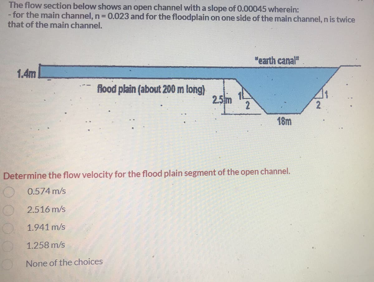 The flow section below shows an open channel with a slope of 0.00045 wherein:
- for the main channel, n = 0.023 and for the floodplain on one side of the main channel, n is twice
that of the main channel.
"earth canal"
1.4m
flood plain (about 200 m long)
2.5 m
2
18m
Determine the flow velocity for the flood plain segment of the open channel.
0.574 m/s
2.516 m/s
1.941 m/s
1.258 m/s
None of the choices
2