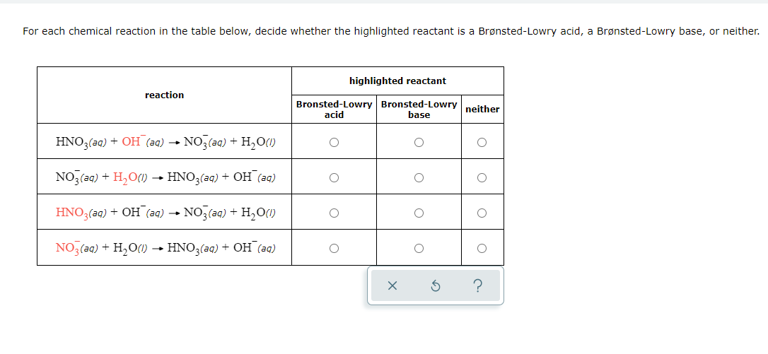 For each chemical reaction in the table below, decide whether the highlighted reactant is a Brønsted-Lowry acid, a Brønsted-Lowry base, or neither.
highlighted reactant
reaction
Bronsted-Lowry Bronsted-Lowry neither
acid
base
HNO3(aq) + OH (aq) → NO3(a0) + H,0(1)
NO,(aq) + H,O(1) → HNO3(aq) + OH (aq)
HNO3(aq) + OH (aq) - NO,(aq) + H,0(1)
NO3(aq) + H,O(1) → HNO3(aq) + OH (aq)

