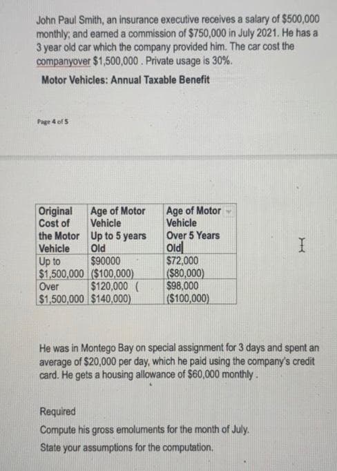 John Paul Smith, an insurance executive receives a salary of $500,000
monthly; and earned a commission of $750,000 in July 2021. He has a
3 year old car which the company provided him. The car cost the
companyover $1,500,000. Private usage is 30%.
Motor Vehicles: Annual Taxable Benefit
Page 4 ofS
Age of Motor
Vehicle
Age of Motor
Vehicle
the Motor Up to 5 years
Old
$90000
$1,500,000 ($100,000)
$120,000 (
$1,500,000 $140,000)
Original
Cost of
Over 5 Years
Old
$72,000
Vehicle
Up to
(S80,000)
$98,000
($100,000)
Over
He was in Montego Bay on special assignment for 3 days and spent an
average of $20,000 per day, which he paid using the company's credit
card. He gets a housing allowance of $60,000 monthly.
Required
Compute his gross emoluments for the month of July.
State your assumptions for the computation.
