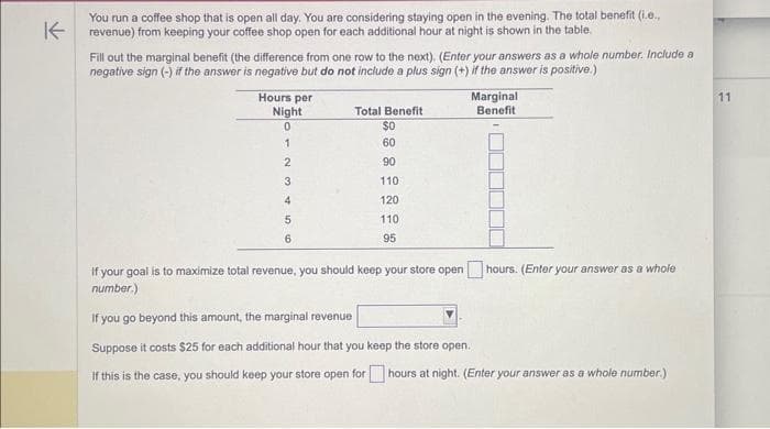 You run a coffee shop that is open all day. You are considering staying open in the evening. The total benefit (i.e..
Krevenue) from keeping your coffee shop open for each additional hour at night is shown in the table.
Fill out the marginal benefit (the difference from one row to the next). (Enter your answers as a whole number. Include a
negative sign (-) if the answer is negative but do not include a plus sign (+) if the answer is positive.)
Hours per
Night
0
1
2
3
4
5
6
Total Benefit
$0
60
90
110
120
110
95
Marginal
Benefit
If your goal is to maximize total revenue, you should keep your store openhours. (Enter your answer as a whole
number.)
If you go beyond this amount, the marginal revenue
Suppose it costs $25 for each additional hour that you keep the store open.
If this is the case, you should keep your store open for hours at night. (Enter your answer as a whole number.)
11