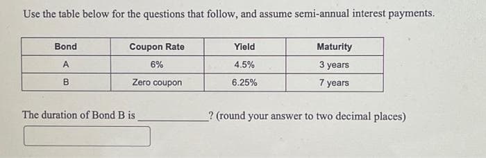 Use the table below for the questions that follow, and assume semi-annual interest payments.
Bond
A
B
Coupon Rate
6%
Zero coupon
The duration of Bond B is
Yield
4.5%
6.25%
Maturity
3 years
7 years
? (round your answer to two decimal places)