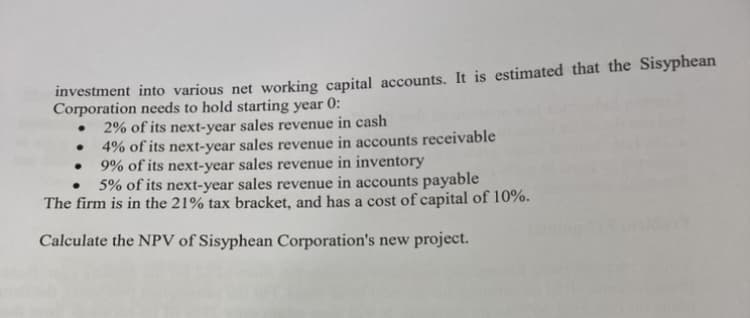 investment into various net working capital accounts. It is estimated that the Sisyphean
Corporation needs to hold starting year 0:
2% of its next-year sales revenue in cash
4% of its next-year sales revenue in accounts receivable
9% of its next-year sales revenue in inventory
5% of its next-year sales revenue in accounts payable
The firm is in the 21% tax bracket, and has a cost of capital of 10%.
Calculate the NPV of Sisyphean Corporation's new project.
