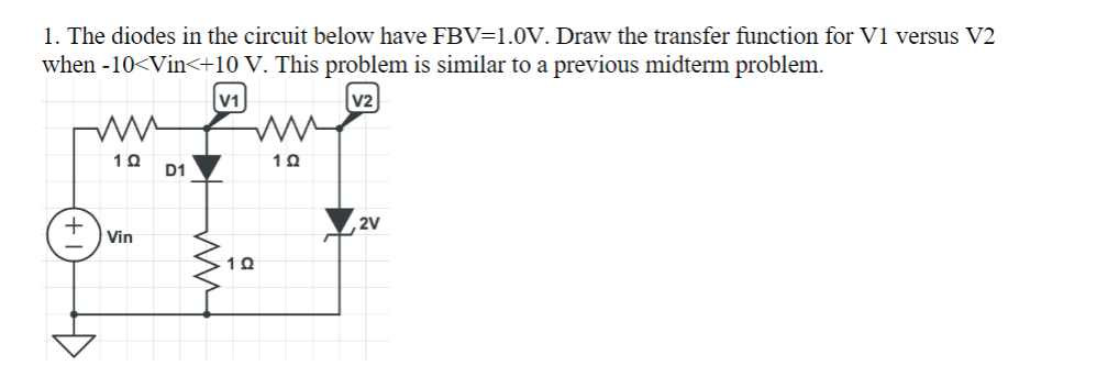 1. The diodes in the circuit below have FBV=1.0V. Draw the transfer function for V1 versus V2
when -10<Vin<+10 V. This problem is similar to a previous midterm problem.
ли
1Ω
V1
ww
1Ω
D1
V2
+
Vin
2V
10