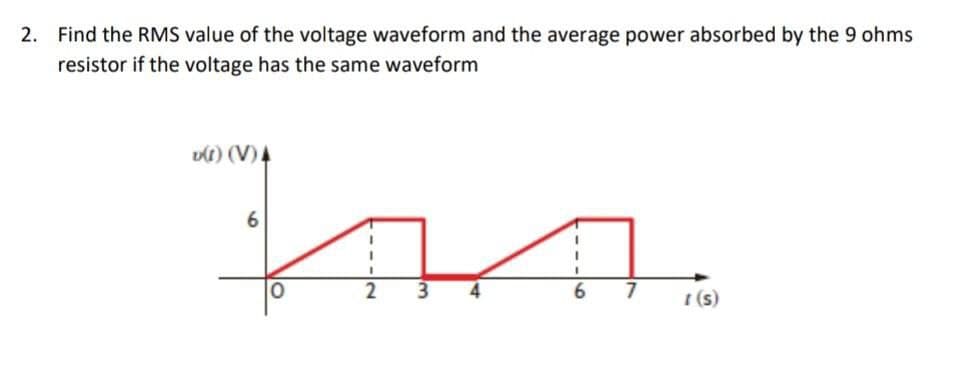 2. Find the RMS value of the voltage waveform and the average power absorbed by the 9 ohms
resistor if the voltage has the same waveform
v(I) (V) A
6
I
2
1 (s)
0