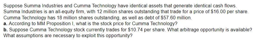 Suppose Summa Industries and Cumma Technology have identical assets that generate identical cash flows.
Summa Industries is an all-equity firm, with 12 million shares outstanding that trade for a price of $16.00 per share.
Cumma Technology has 18 million shares outstanding, as well as debt of $57.60 million.
a. According to MM Proposition I, what is the stock price for Cumma Technology?
b. Suppose Cumma Technology stock currently trades for $10.74 per share. What arbitrage opportunity is available?
What assumptions are necessary to exploit this opportunity?