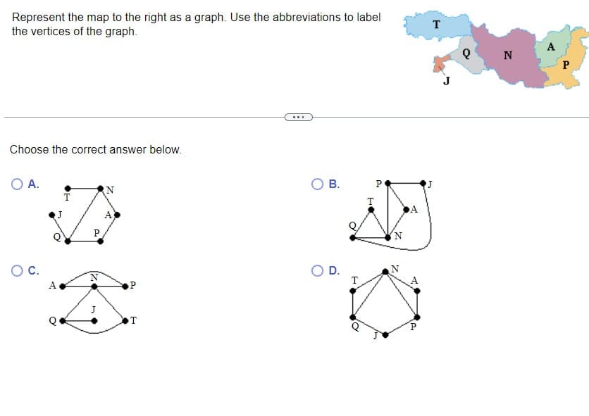 Represent the map to the right as a graph. Use the abbreviations to label
the vertices of the graph.
Choose the correct answer below.
O A.
O C.
A
◆4
N
A
P
T
B.
O D.
T
T
P
N
N
T
J
N