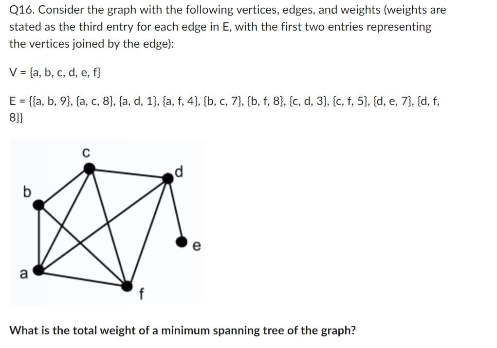 Q16. Consider the graph with the following vertices, edges, and weights (weights are
stated as the third entry for each edge in E, with the first two entries representing
the vertices joined by the edge):
V = {a, b, c, d, e, f}
E = {{a, b, 9}, {a, c, 8}, {a, d, 1}, {a, f, 4}, {b, c, 7}, {b, f, 8}, {c, d, 3}, {c, f, 5}, {d, e, 7}, {d, f,
8}}
b
a
C
e
(D
What is the total weight of a minimum spanning tree of the graph?