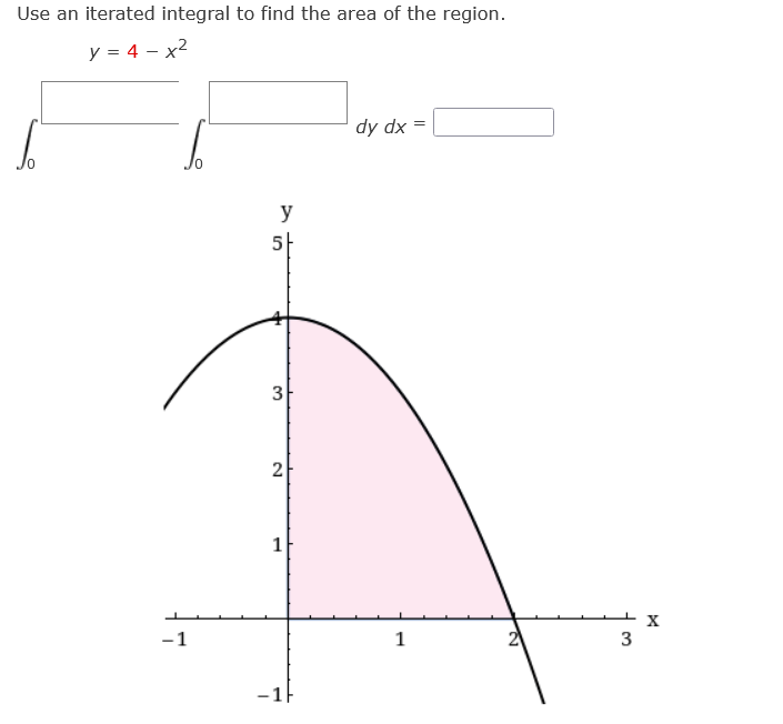 Use an iterated integral to find the area of the region.
y = 4 – x2
dy dx =
y
3
2
-1
1
-1|
2)
1.
