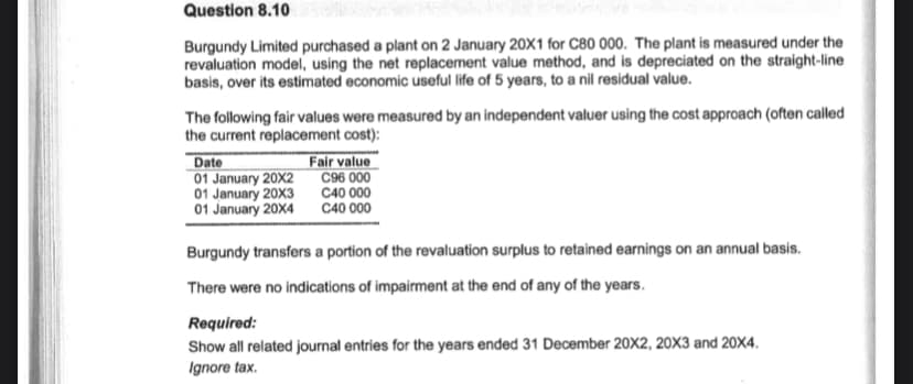 Question 8.10
Burgundy Limited purchased a plant on 2 January 20X1 for C80 000. The plant is measured under the
revaluation model, using the net replacement value method, and is depreciated on the straight-line
basis, over its estimated economic useful life of 5 years, to a nil residual value.
The following fair values were measured by an independent valuer using the cost approach (often called
the current replacement cost):
Date
Fair value
01 January 20X2
C96 000
01 January 20X3
C40 000
01 January 20X4
C40 000
Burgundy transfers a portion of the revaluation surplus to retained earnings on an annual basis.
There were no indications of impairment at the end of any of the years.
Required:
Show all related journal entries for the years ended 31 December 20X2, 20X3 and 20X4.
Ignore tax.