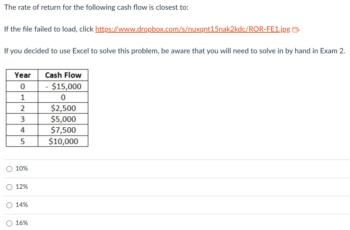 The rate of return for the following cash flow is closest to:
If the file failed to load, click https://www.dropbox.com/s/nuxqnt15nak2kdc/ROR-FE1.jpg
If you decided to use Excel to solve this problem, be aware that you will need to solve in by hand in Exam 2.
Year
0
Cash Flow
- $15,000
1
0
2
$2,500
3
$5,000
4
$7,500
5
$10,000
10%
12%
14%
16%