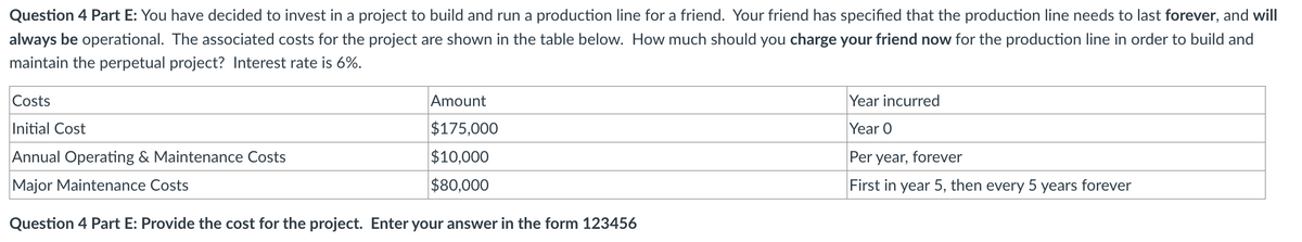 Question 4 Part E: You have decided to invest in a project to build and run a production line for a friend. Your friend has specified that the production line needs to last forever, and will
always be operational. The associated costs for the project are shown in the table below. How much should you charge your friend now for the production line in order to build and
maintain the perpetual project? Interest rate is 6%.
Costs
Initial Cost
Annual Operating & Maintenance Costs
Amount
$175,000
$10,000
$80,000
Year incurred
Year O
Per year, forever
Major Maintenance Costs
First in year 5, then every 5 years forever
Question 4 Part E: Provide the cost for the project. Enter your answer in the form 123456
